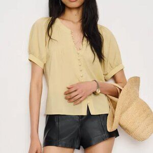 Reformation Pale Yellow Button-Front Short Sleeve Blouse